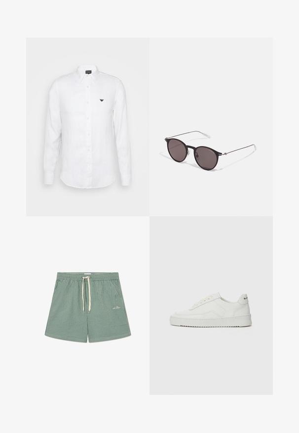 Hvit skjorte med lange ermer laget av lin, med krage som kan kneppes ned, frontknapper og en liten brodert logo på venstre bryst.; Grønne og hvite stripete badeshorts med elastisk liv, justerbar snor, og liten logodetalj nederst til venstre.; Hvite lærersneakers med en jevn overflate, rund tå, flate lisser og en teksturert såle. Har en subtil logo på hælen.; Sorte, runde solbriller med mørke linser og slanke metalarmer. Inkluderer klare temple tips og sølvfargede detaljer ved hengslet. Minimalistisk design.