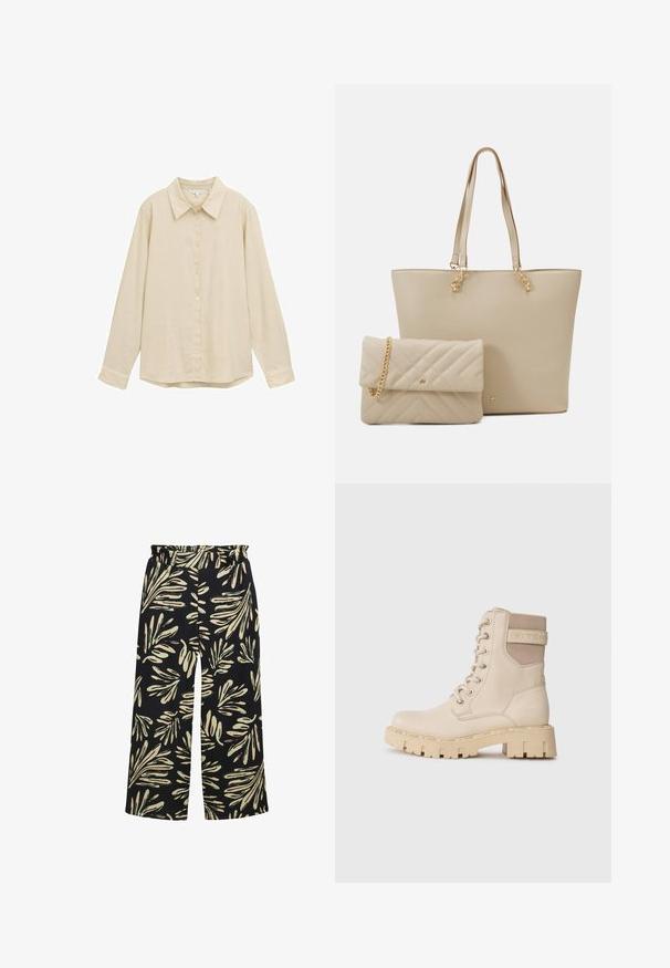 Světle béžová košile s dlouhým rukávem a zapínáním na knoflíky, klasický límec, měkká textura a mírně zaoblený lem. Žádné viditelné vzory ani akcenty.; Kalhoty s širokými nohavicemi a elastickým pasem, s černým pozadím a krémovými a mátově zelenými vzory listů. Texturovaná látka.; Beige šněrovací boty do kotníku vyrobené z hladké kůže s texturovaným akcentem, s masivními, robustními podrážkami a logem.; Beige taška přes rameno s plochými uchy, hladkým povrchem a zlatými detaily, doplněná o odpovídající prošívanou psaníčko s řetízkem.