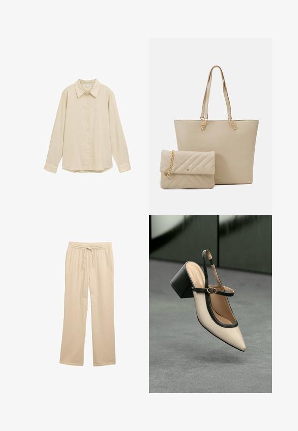 Gai bēšas krāsas garas piedurkņu krekls ar pogājamu priekšpusi, klasisku apkakli, mīkstu tekstūru un nedaudz noapaļotu apakšējo malu. Nav redzamu rakstu vai akcentu.; Beige krēklota auduma platās bikses ar elastīgu jostu un saiti, kas ļauj pielāgot izmēru.; Beige smailā purngalā siksnu kurpe ar melnu akcentu, zelta sprādzi un masīvu bloku papēdi uz pelēka grīdas ar tumši zaļu fonu.; Bēša tote soma ar plakaniem rokturiem, gludu tekstūru un zelta furnitūru, kopā ar saskaņotu izšūtu maciņu ar ķēdes siksnu.