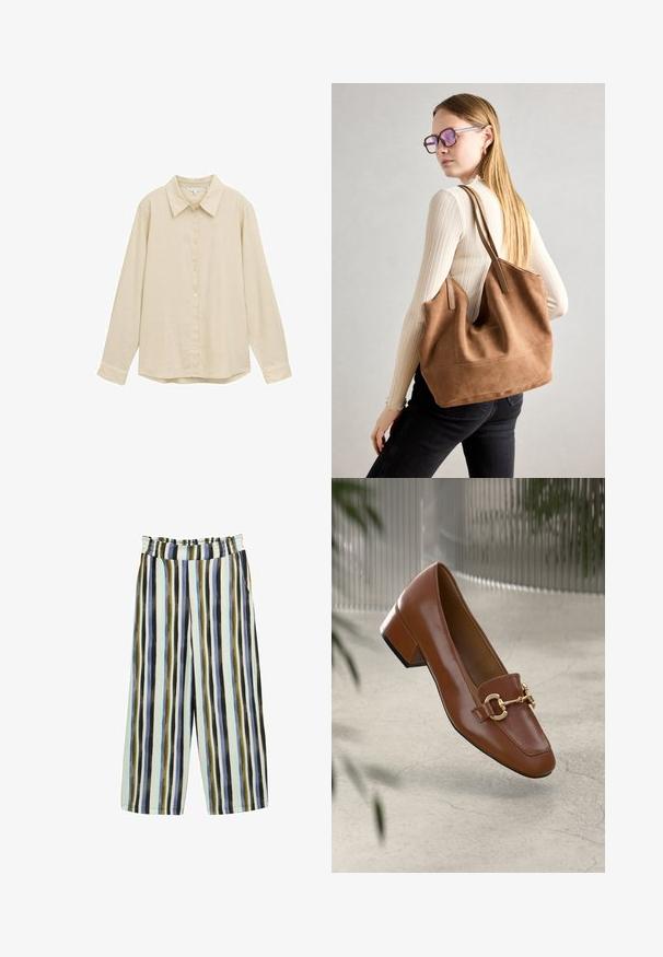 Svijetlo bež košulja dugih rukava s dugim gumbima, klasičnim ovratnikom, mekanom teksturom i lagano zaobljenim rubom. Nema vidljivih uzoraka ili akcenta.; Hlače širokih nogavica s elastičnim pojasom. Imaju vertikalne pruge u plavoj, zelenoj i crnoj boji na svijetloj podlozi. Mekana, teksturirana tkanina.; Smeđi lakirani loafer s kvadratnim vrhom, metalnim lancem kao naglaskom i niskom blok petom; glatka tekstura, minimalistički dizajn.; Smeđa suede torba sa mekom teksturom, širokim otvorom i dugim trakama. Ima jednostavan dizajn s vidljivim šavovima i bez hardvera.