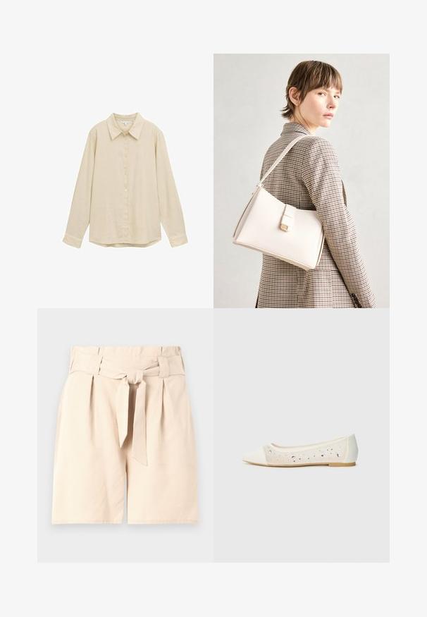 Heled beige pika varrukatega särk, millel on nööpidega esisulg ja klassikaline krae, pehme tekstuur ja veidi ümar hem. Ilma nähtavate mustrite või aktsentideta.; Bež kõrge vöökohaga lühikesed püksid, millel on ees sidumisrihm, volditud disain ja sujuv kangatekstuuri. Puhtad, hästi lõigatud vormid ja nähtamatud mustrid.; Kohev varbaosa, kreemikad nahkplätud, mille läbipaistev ülaserv on kaunistatud laiali asetatud sädeleva kivid. Pehme talla disain mugavuseks, minimalistlik välimus.; Valge nahast käekott struktureeritud disainiga, millel on magnetlukk ja õlavarre rihm, esitletud neutraalse tausta ees.