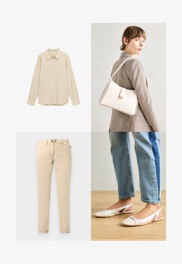 Šviesiai smėlinės spalvos ilgomis rankovėmis marškiniai su užsegimui mygtukais, klasikinis apykaklė, minkšta tekstūra ir šiek tiek suapvalintas hem. Nėra matomų raštų ar akcentų.; Smėliniai chinos kelnės, pagamintos iš medvilnės su lygiu paviršiumi, su pintu diržu ir standartinėmis kišenėmis. Hugs kūną, su tiesiomis kojomis.; Šviesiai rožiniai slingback baleto bateliai su smailiu pirštu, pagaminti iš lygios odai panašios medžiagos. Yra išpjovimų detalės šonuose ir plokščias kulnas.; Balto odos rankinė su struktūrizuotu dizainu, turinti magnetinį užsegimą ir petnešą, demonstruojama prieš neutralią foną.