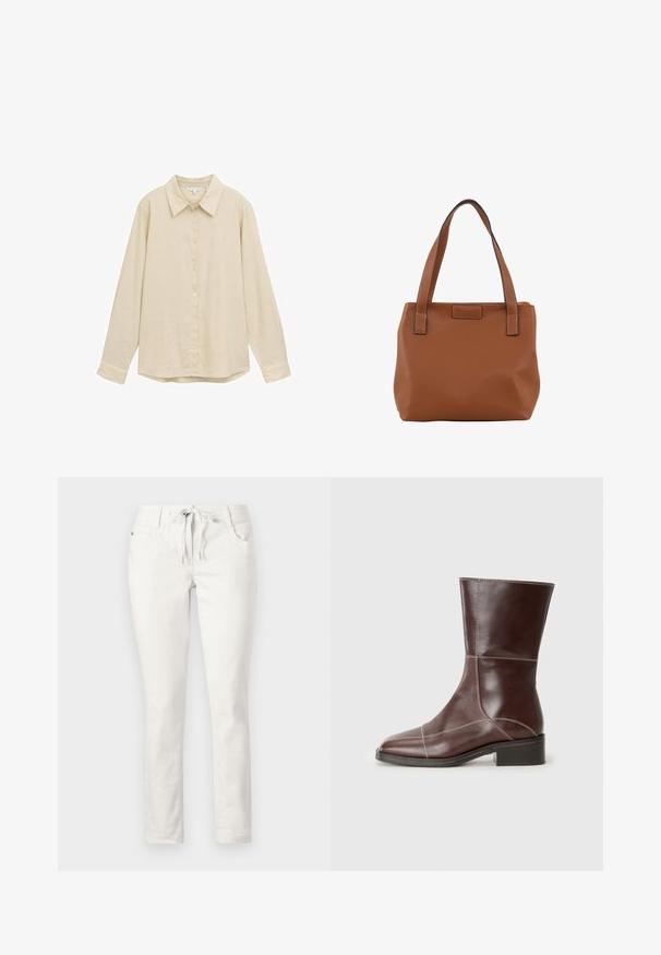 Lys beige langærmet skjorte med knaplukning fortil, klassisk krave, blød tekstur og let rundet kant. Ingen synlige mønstre eller accenter.; Hvide, slim-fit bukser med snøre i taljen, frontlommer og en glat tekstur. Velegnede til afslappet brug eller uformelle omgivelser.; Brun læder ankelstøvle med firkantet tå og lav hæl, med kontrasterende syninger langs sømmene. Klar baggrund.; Brun læder tote bag med to solide håndtag, der har en struktureret overflade og kontrasterende sort syning. Enkel rektangulær form.