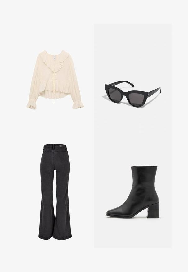 Bluză de culoare crem cu guler volanat, mâneci lungi cu manșete evazate și un tiv în straturi. Materialul are puncte delicate.; Jeans negre cu croi larg, textură netedă, talie înaltă și o etichetă de marcă pe spate. Au un design cu picior larg și cusături întărite.; Cizmă din piele neagră, cu vârf ascuțit, textura netedă, toc bloc de înălțime medie, design minimalistic și cusături pe guler.; Ochelari de soare negri, forma cat-eye, cu un finisaj mat, având lentile gri și unghiuri ascuțite, precum și brațe laterale elegante. Numele brandului este vizibil pe brațul interior.