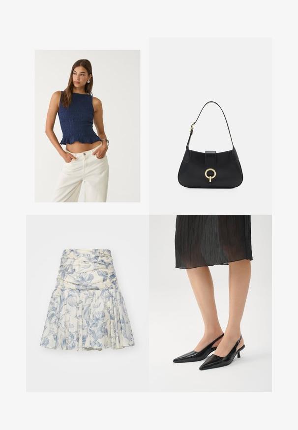 Marinefarbener Smock-Crop-Top mit einem Rüschensaum, der ein tailliertes Design und ärmellosen Stil aufweist, kombiniert mit hochgeschnittenen weißen Jeans.; Leichte Blumenrock in Creme und Blau, mit gerafftem Bund und gefaltetem Design, aus einem weichen Stoff mit dezentem Textur.; Schwarze Slingback-High Heels mit spitzem Zehenbereich und glänzender Oberfläche, schlankem Absatz und offenem Rückendesign. Strukturmuster auf dem Obermaterial.; Schwarze Ledertasche mit einer geschwungenen Silhouette, kurzer Tragriemen, zentralem goldfarbenem Hardware und glatter Textur. Keine sichtbaren Muster oder Akzente.