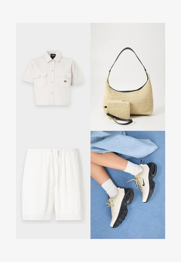 Chemise blanche cropped à manches courtes en coton, dotée de deux poches poitrine, d'une fermeture à boutons sur le devant et d'une patch logo sur la poche gauche.; Shorts blancs en tissu léger, avec une finition texturée et une bordure en dentelle à l'ourlet. Ceinture élastique avec cordon de serrage ajustable.; Les baskets Nike Air Max présentent un design beige et noir, avec un dessus lisse, un coussin d'air visible et des semelles en caoutchouc plates.; Sac à main en paille tissée avec une silhouette courbée, doté d'une bandoulière en cuir noir lisse et d'une petite pochette assortie attachée par une sangle pour le poignet.