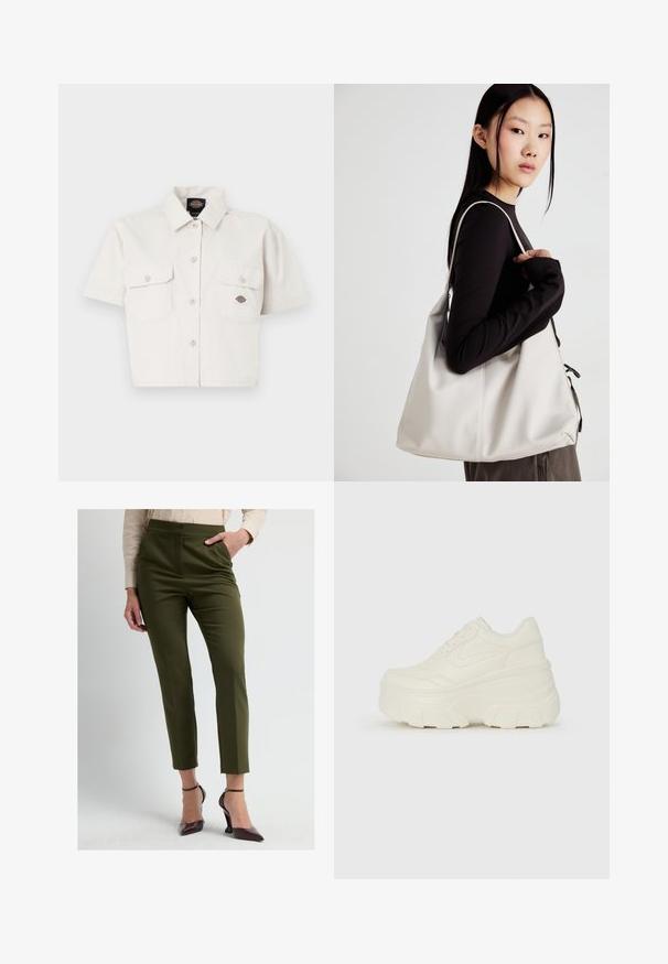 Korte mouwen, cropped wit shirt van katoen met twee borstzakken, knoopsluiting aan de voorkant en een logo patch op de linker zak.; Olijfgroene op maat gemaakte broek met een hoge taille, taps toelopende pijpen en voornaad. Gecombineerd met bordeauxrode puntige hakken en een lichte blouse.; Witte platform sneakers met een gladde leren bovenkant, afgeronde vorm, gewatteerde kraag en een gestructureerde rubberen zool met duidelijke profiel.; Beige handtas gemaakt van zacht materiaal, met een slonzig ontwerp, gestikte details en twee schouderbanden. Geschikt voor dagelijks gebruik.