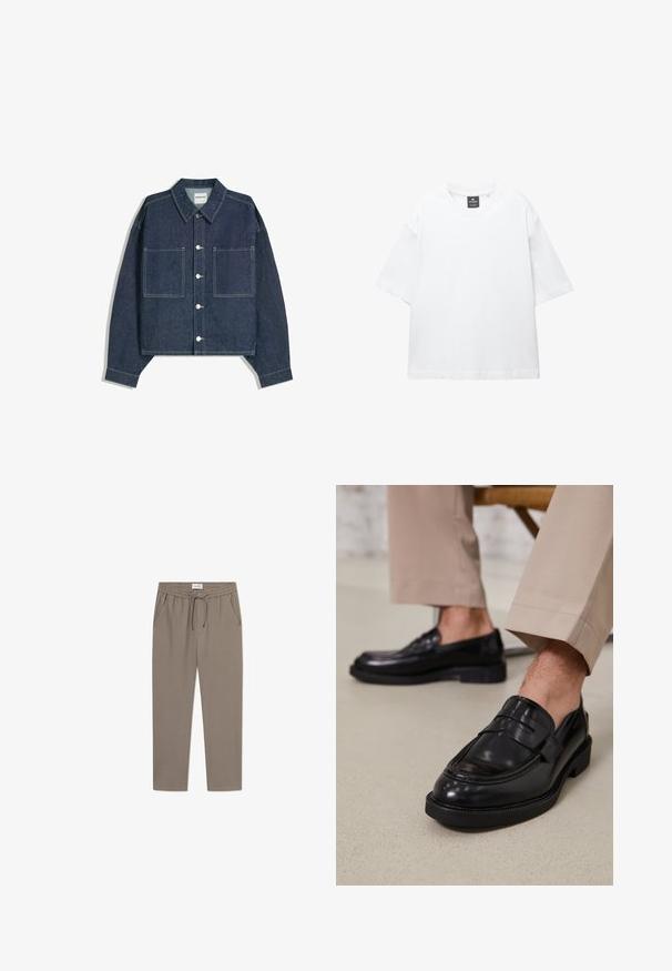 Tumma sininen farkkutakki, jossa on lyhennetyt hihat, terävä kaulus, kaksi etutaskua ja hopeiset napit. Mukana näkyvät ompelusaumat.; Valkoinen lyhythihainen T-paita, joka on valmistettu puuvillasta. Paita on pyöreäkauluksinen, väljästi leikattu ja suorahelmainen. Ei kuvioita eikä koristeita.; Harmaat verkkarit, joissa on joustava vyötärö, kiristysnauha ja sivutaskut. Kangas näyttää sileältä, ja housuissa on rento istuvuus ja kapenevat lahkeet.; Musta nahkakengät, joissa on sileä pinta, koristetasku ja kontrastisomistus, yhdistettynä vaaleanbeigeihin housuihin.