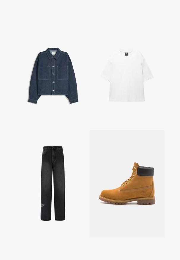 Tmavě modrá džínová zkrácená bunda s špičatým límcem, dvěma předními kapsami a stříbrným zapínáním na knoflíky. Obsahuje viditelné detaily šití.; Bílý krátký rukáv tričko vyrobené z bavlny, s kulatým výstřihem a volným střihem se rovním lemem. Bez vzorů nebo zdobení.; Černé denimové kalhoty s širokými nohavicemi a vysokým pasem, které mají dvě přední kapsy a dekorativní logo detail na dolní části nohavice.; Hnědé semišové kotníkové boty s černým polstrovaným límcem, zlatými kovovými očky, bílým prošíváním a odolnou gumovou podrážkou s výraznými drážkami.
