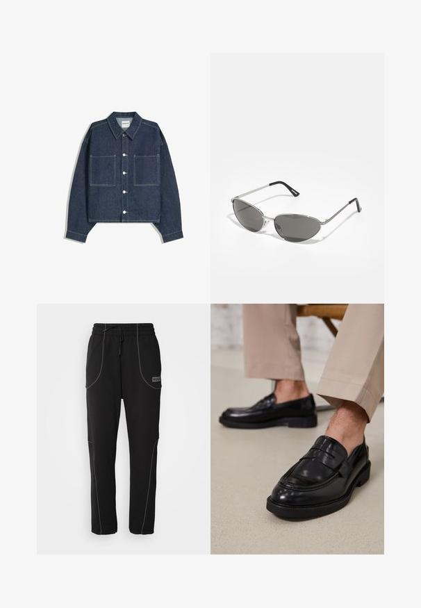 Jachetă din denim cropped de culoare albastru închis, cu guler ascuțit, două buzunare frontale și închidere cu buton argintiu. Prezintă detalii de cusătură vizibile.; HUGO NIPIPEPANT - Pantaloni de trening - black; Loafers negre din piele cu o finisare netedă, având o curea decorativă și cusături contrastante, asortați cu pantaloni bej.; Ochelari de soare cu un cadru metalic argintiu, lentile nuanțate de gri și un design aerodinamic, cu colțuri ascuțite și brațe subțiri.; Urban Classics CROSS NECKLACE - Colier - silver-coloured