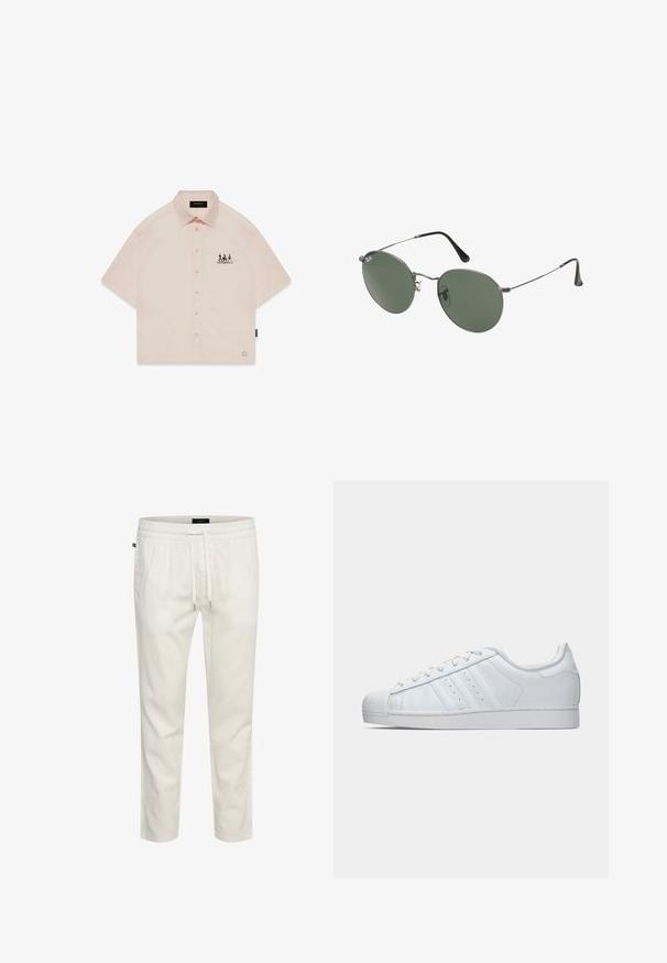 Rövid ujjú őszibarack színű ing, hegyes gallérral, elöl gombos záródással és fekete grafikai dizájnnal a bal mellen.; Fehér, könnyű pamut joggerek rugalmas derékkal, húzózsinórral és laza szabással. Simaság jellemzi, minta vagy díszítés nélkül.; Fehér bőr sneaker, texturált gumis orral, három oldalsó csíkkal és párnázott nyakkal. Laposejű fehér cipőfűzők és minimalista dizájn.; Fémkeretes napszemüveg ovális zöld lencsékkel. Vékony ezüst színű fémkeret és fekete fülrész. Minimalista dizájn, látható logók nélkül.