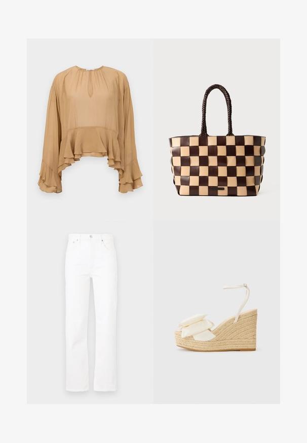 Bluză bej cu mâneci lungi, cu volane la tiv și la manșete, decolteu rotund cu un detaliu mic în formă de cheie în față, dintr-un material lejer și fluid.; Jeans din denim alb cu croială dreaptă, cinci buzunare și închidere cu nasture. Textură fină și design curat, potrivit pentru ținute de zi cu zi.; Sandale cu toc wedge, platformă din jute natural, partea superioară din material crem și două accente florale suprapuse; dispune de o curea subțire la gleznă cu cataramă.; Geantă tote din piele maro și bej, cu un model țesut în carouri și mânere împletite, pe un fundal alb.