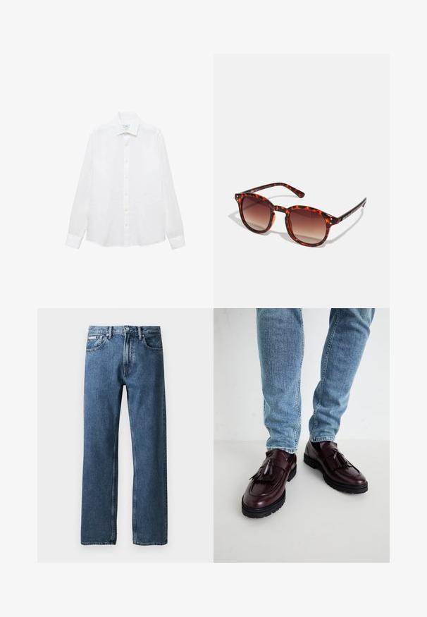 White long-sleeve shirt made of cotton. Features a button-down collar, front buttons, and a straight hem. No patterns or accents.; Blue straight-leg denim jeans with a high waist, button and zip closure, front pockets, and a small white brand label on the right pocket.; Burgundy leather loafers with tassels and a textured upper, paired with light blue denim jeans. Black rubber sole visible.; Tortoiseshell sunglasses with gradient brown lenses, rounded shape, and black temple accents; features two small metal studs near the lenses.