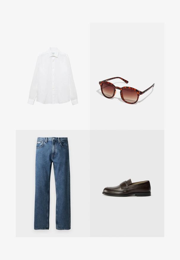 Camicia bianca a maniche lunghe in cotone. Caratterizzata da un colletto a bottoni, bottoni frontali e orlo dritto. Nessun motivo o decorazione.; Jeans in denim blu a gamba dritta con vita alta, chiusura a bottone e zip, tasche frontali e un piccolo etichetta bianca del marchio sulla tasca destra.; Calvin Klein Scarpe senza lacci - cocoa brown; Occhiali da sole tartaruga con lenti sfumate marroni, forma rotonda e dettagli neri sulle astine; presenta due piccoli rivetti metallici vicino alle lenti.; Borsa a tracolla in pelle nera con patta, due fibbie argentate, cuciture gialle e tracolla regolabile. Presenta una texture liscia e un design compatto.