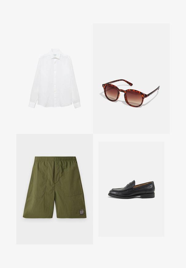 Camicia bianca a maniche lunghe in cotone. Caratterizzata da un colletto a bottoni, bottoni frontali e orlo dritto. Nessun motivo o decorazione.; Pantaloni shorts in nylon verde con vita elastica, due tasche laterali e un'etichetta a patch con "GAP" in bianco su sfondo grigio scuro.; Mocassini in pelle nera con finitura liscia, punta arrotondata e cuciture decorative sulla tomaia. Tacco basso impilato e leggero lucido.; Occhiali da sole tartaruga con lenti sfumate marroni, forma rotonda e dettagli neri sulle astine; presenta due piccoli rivetti metallici vicino alle lenti.; Borsa a tracolla in pelle nera con patta, due fibbie argentate, cuciture gialle e tracolla regolabile. Presenta una texture liscia e un design compatto.