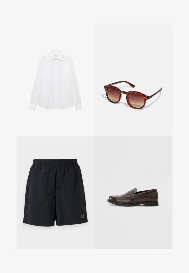 Hvid langærmet skjorte lavet af bomuld. Har en button-down krave, forreste knapper og en lige kant. Ingen mønstre eller detaljer.; Sorte shorts med elastisk talje, med et logomærke nederst til højre, lavet af letvægtsstof med en krøllet tekstur.; Brune læderloafers med rund tå, dekorativ syning og en lille, flad hæl. Glat tekstur med underspillede designelementer.; Skildpaddemønstrede solbriller med gradient brune linser, rund form og sorte tempelakcenter; har to små metalnitter nær linserne.; Sort læder crossbody taske med klap, to sølvspænder, gul syning og justerbar rem. Har en glat overflade og kompakt design.