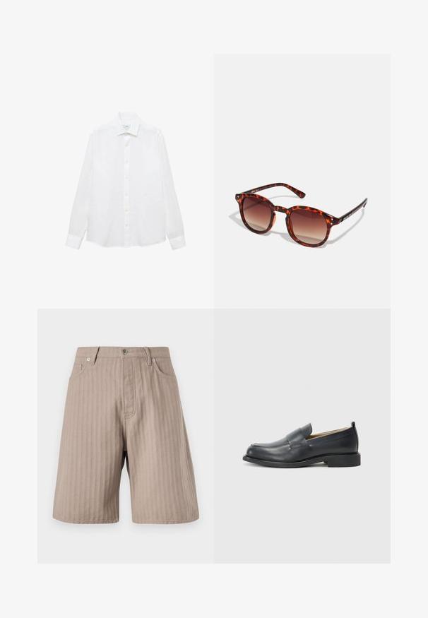 Witte langemouwen overhemd gemaakt van katoen. Voorzien van een button-down kraag, knopen aan de voorkant en een rechte zoom. Geen patronen of accenten.; Lichtbruine, gestreepte shorts met een rechte snit. Voorzien van een ritssluiting aan de voorkant, twee zijzakken en een metalen knoopsluiting.; Zwarte leren loafers met een gladde afwerking, een platte zool en een ronde neus met een decoratieve band over de bovenkant.; Schildpad zonnebril met een gradiënt bruine lenzen, ronde vorm en zwarte pootaccenten; beschikt over twee kleine metalen studs nabij de lenzen.