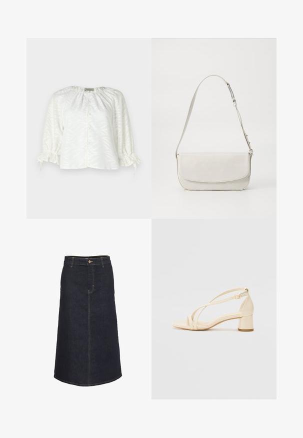 Blouse blanche avec un motif de feuilles texturé, encolure ronde, devant boutonné et manches élastiquées froncées avec des liens à cordon.; Jupe midi en denim foncé avec une silhouette droite, dotée d'une fermeture à boutons sur le devant et de coutures jaunes contrastantes.; Sandales à talons beiges avec un talon bloc, un design entrecroisé et une bride de cheville réglable, fabriquées en matériau synthétique lisse avec une finition mate.; Sac à épaule en cuir blanc avec une finition lisse, de forme rectangulaire, fermeture à rabat et une bandoulière réglable. Détails de couture simples.