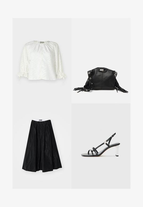 Blouse blanche avec un motif de feuilles texturé, encolure ronde, devant boutonné et manches élastiquées froncées avec des liens à cordon.; Maje Jupe trapèze - noir; Sandales à talons noirs avec plusieurs fines lanières, un design slingback et un accent argenté sur le talon. Matière supérieure lisse et talon carré.; Maje MISS MINI - Sac bandoulière - noir; Boucles d'oreilles en argent en forme de Saturne, avec une planète texturée entourée d'un anneau, ornées de petits cristaux transparents et d'une tige en forme de nœud.
