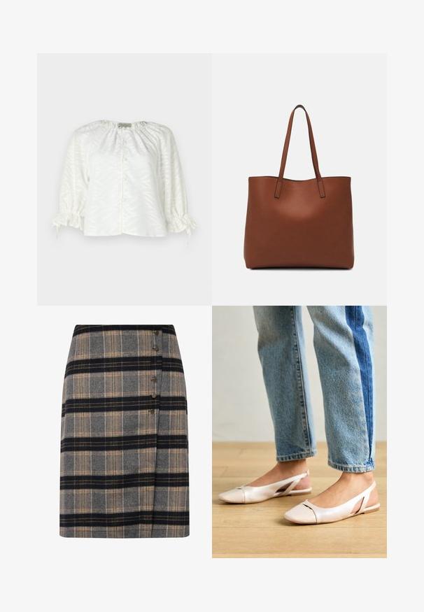 Witte blouse met een textuur van bladpatroon, ronde halslijn, knoopsluiting aan de voorkant en elastische, geraffineerde mouwen met trekkoord.; Wollen geruite rok in grijs, zwart en beige met een zijsluiting met knoop en een licht gewikkeld ontwerp. Textuurstof met een klassiek patroon.; Zachtroze slingback ballerina's met een spitse neus, gemaakt van een glad leerachtig materiaal. Bevat uitsnijdingen aan de zijkanten en heeft een platte hak.; Bruine leren tote bag met een gladde textuur, een ontwerp met een open bovenkant en twee schouderbanden. Kenmerkt zich door minimale stiksels en geen zichtbare hardware.