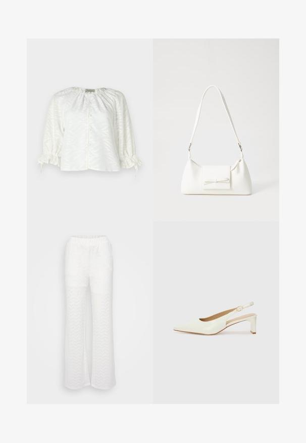 Weiße Bluse mit strukturiertem Blattmuster, rundem Ausschnitt, knöpfbarem Vorderteil sowie elastischen, gerafften Ärmeln mit Kordelzügen.; Weiße Hosen mit einer ausgestellten Passform, die ein dezentes Chevron-Muster aufweisen, einen elastischen Bund haben und aus leichtem, strukturiertem Material bestehen.; Weiße Lackleder-Slingback-Schuhe mit spitzem Zehenbereich und niedrigem Blockabsatz. Mit einem dezenten Riemen und einer Schnalle in goldfarbener Optik.; Weiße synthetische Handtasche in dreieckiger Form, flache Vorderklappe und Schleifendetail, verstellbarer Trageriemen, glatte Textur und minimalistisches Design.