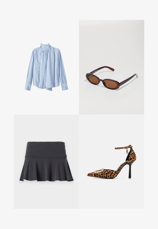 Lichtblauwe blouse met lange mouwen gemaakt van een gladde stof. Bevat een hoge kraag en een gedrapeerde sjaalaccent aan de voorkant. Knopsluiting aan de mouwen.; Grijze uitlopende rok van zachte stof met een aansluitende tailleband. De zoom zorgt voor een zachte flair, wat beweging en comfort bevordert.; Schoen met leopardprint, hoge hak en spitse neus, van fluweel met enkelbandje en een gesp versierd met kristallen. Zwarte stilettohak.; Ronde, bruin getinte zonnebril met een glanzend bordeauxrood frame. Slanke pootjes met subtiele merkdetails. Vlakke lensontwerp.; Geweven bordeauxkleurige handtas met een afgeronde vorm en een enkele handgreep, voorzien van een gestructureerd oppervlak en een elastische trekkoordsluiting.