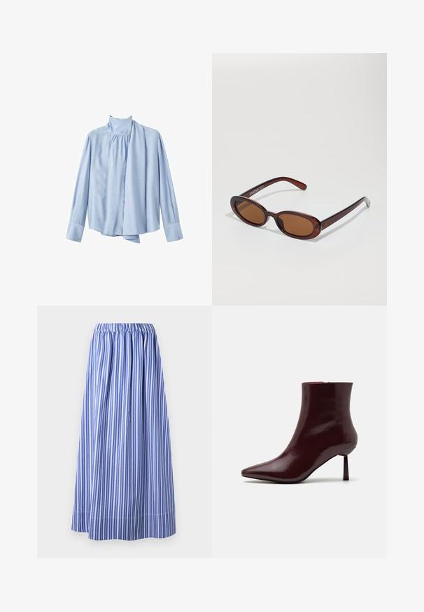 Blusa azzurra chiaro a maniche lunghe realizzata in tessuto morbido. Presenta un colletto alto e un accentuato drappeggio a sciarpa nella parte anteriore. Polsini con bottoni.; Gonna a righe blu e bianche con elastico in vita, lunghezza al ginocchio, realizzata in un tessuto leggero, con righe verticali e un design svasato.; Stivale alla caviglia in pelle laccata bordeaux con punta affusolata e tacco stiletto sottile, caratterizzato da una texture liscia e lucida e da un design minimalista.; Occhiali da sole rotondi con tonalità marrone, montatura lucida color bordeaux. Aste sottili con un sottile dettaglio del marchio. Design delle lenti piatte.; Borsa intrecciata color bordeaux con forma arrotondata e manico singolo, dotata di una superficie testurizzata e chiusura a coulisse elastica.