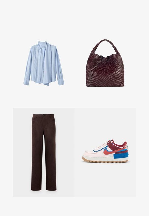 Light blue long-sleeve blouse made of smooth fabric. Features a high collar and a draped scarf accent on the front. Buttoned cuffs.; Straight-leg dark brown suede pants with front button and zip closure, belt loops, and side pockets.; Nike Sportswear AF1 SHADOW - Trainers - light soft pink/canyon rust/fossil stone/team red/photo blue/blue jay; Woven burgundy handbag with a rounded shape and a single handle, featuring a textured surface and an elastic drawstring closure.