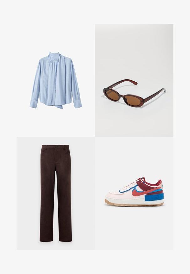 Svetlo modra bluzica z dolgimi rokavi iz gladkega materiala. Ima visok ovratnik in drapiran šalov poudarek spredaj. Zaponke na manšettah.; Hlače iz temno rjave nobuk kože s ravnimi nogavicami, sprednjim gumbom in zadrgo, z zankami za pas in stranskimi žepi.; Nike Sportswear AF1 SHADOW - Športni copati - light soft pink/canyon rust/fossil stone/team red/photo blue/blue jay; Okrogle, rjavo obarvane sončne naočare z sijočim burgundskim okvirjem. Tanek nosilec s subtilnim logotipom. Oblika leč je ravna.; Tkanina burgundska torbica z zaobljeno obliko in enim ročajem, s teksturirano površino in elastičnim zaveznim zapiranjem.