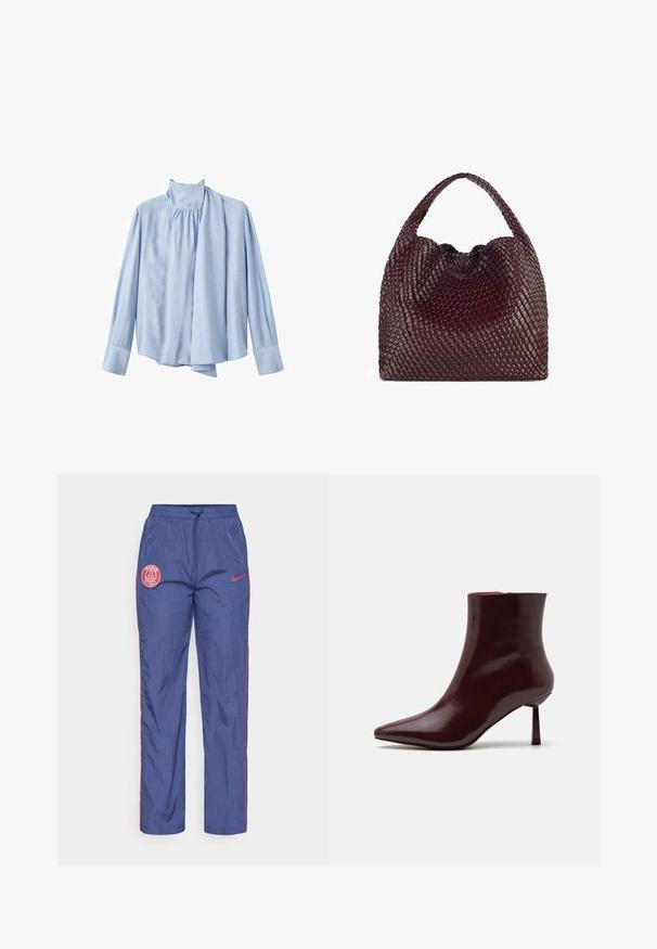Lichtblauwe blouse met lange mouwen gemaakt van een gladde stof. Bevat een hoge kraag en een gedrapeerde sjaalaccent aan de voorkant. Knopsluiting aan de mouwen.; Blauwe Nike trainingsbroek van Paris Saint-Germain met rode logo patches, rode piping langs de zijkanten en een elastische tailleband met trekkoord.; Bordeaux patentleren enkelboot met een spitse neus en een slanke stilettohak, met een gladde, glanzende textuur en een minimalistisch ontwerp.; Geweven bordeauxkleurige handtas met een afgeronde vorm en een enkele handgreep, voorzien van een gestructureerd oppervlak en een elastische trekkoordsluiting.