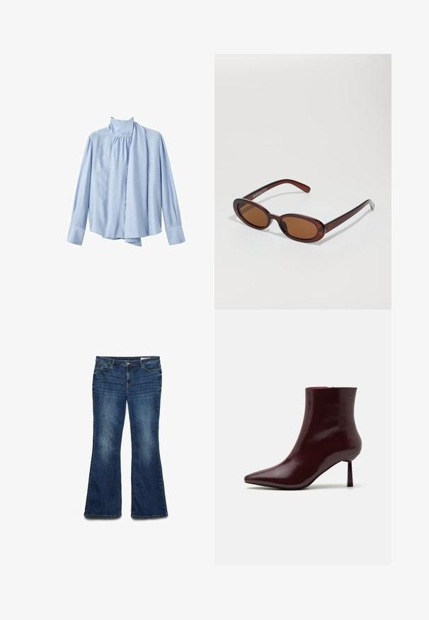 Himmelblausa langärmlige Bluse aus glattem Stoff. Verfügt über einen hohen Kragen und eine drapierte Schal-Akzent auf der Vorderseite. Mit Knopfmanschetten.; Ausgestellte blaue Jeans aus Denim mit mittlerem Waschfinish, ausgestattet mit fünf Taschen, einem vorderen Knopfverschluss und genähten Details entlang der Nähte.; Burgunderfarbene Lackleder-Stiefelette mit spitzem Zehenbereich und schlankem Stilettosc heel, die eine glatte, glänzende Textur und ein minimalistisches Design aufweist.; Runde, braun getönte Sonnenbrillen mit einem glänzenden burgunderfarbenen Rahmen. Schlanke Bügel mit dezentem Branding. Flaches Linsendesign.; Geflochtene burgunderfarbene Handtasche mit runder Form und einem einzelnen Griff, die über eine strukturierte Oberfläche und einen elastischen Kordelzugverschluss verfügt.