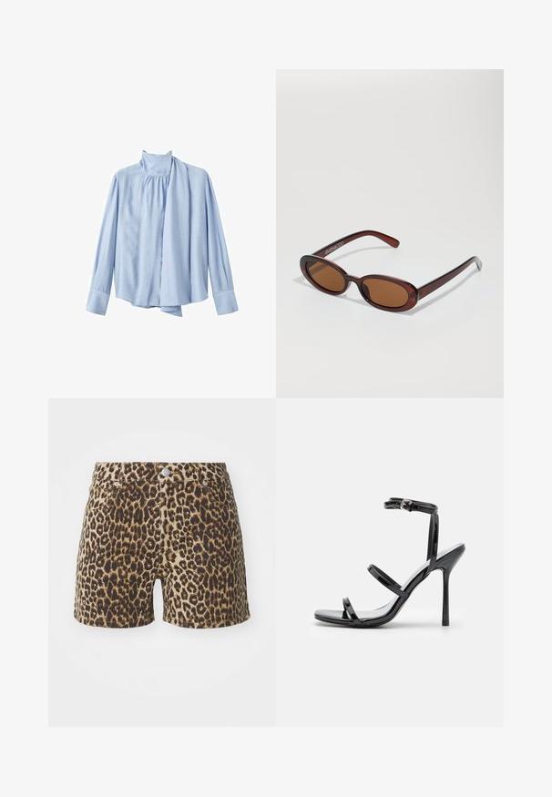 Svijetloplava bluza dugih rukava od glatkog materijala. Ima visoki ovratnik i naglašeni šal na prednjem dijelu. Rukavi su na gumbe.; Shorts s uzorkom tigra u bež i smešnim tonovima, s džepovima, dugmetom za zatvaranje i uskim krojem. Napravljen od lagane tkanine.; Crne lakirane kožne sandale s visokom potpeticom, s tri horizontalne trake i podesivom trakicom oko gležnja. Elegantan oblik i sjajan završni sloj.; Okvir okruglih, smeđkastih sunčanih naočala s sjajnim burgundskim okvirom. Uski nositelji s suptilnim brendiranjem. Ravna leća.; Tkana vino crvena torba s rounded oblikom i jednom ručkom, s teksturiranom površinom i elastičnim zatvaranjem na vezicu.