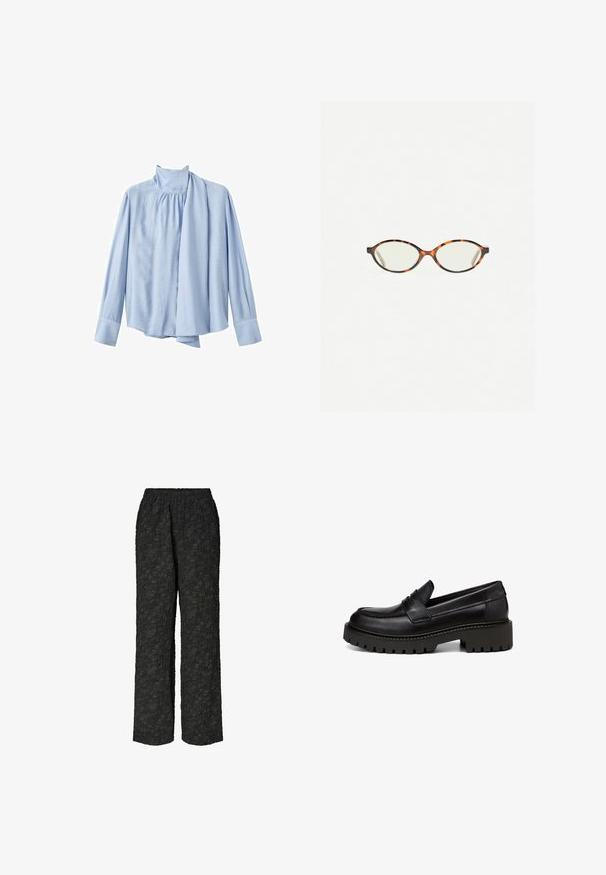 Lichtblauwe blouse met lange mouwen gemaakt van een gladde stof. Bevat een hoge kraag en een gedrapeerde sjaalaccent aan de voorkant. Knopsluiting aan de mouwen.; Zwarte, wijde broek met een elastische tailleband, gemaakt van een textuurstof met een geplooid patroon over het hele oppervlak.; Marc O'Polo LOAFER MIT ROBUSTER PROFIL - Instappers - black; Kattenoogbril met ovale lenzen en een strakke, gladde afwerking. Heeft dunne zijkanten met een subtiele kromming bij de slapen. Transparante lenzen.