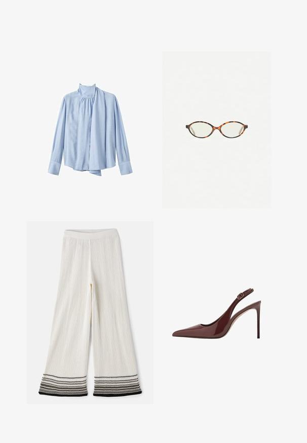 Svetlo modrá blúzka s dlhým rukávom vyrobená z hladkej látky. Má vysoký golier a predný drapovaný šálový detail. Manžety na gombíky.; Krémové pruhované široké nohavice s textúrovaným povrchom. Spodný lem zdobí vrstvený čierno-biely pruh. Elastický pás pre pohodlné nosenie.; Hnedé lakované kožené vyžuté lodičky s jemnou špičkou a nastaviteľným prackovým remienkom, na tenkom stiletto podpätku.; Korytnačkové okuliare s oválnymi šošovkami a hladkým, lesklým povrchom. Majú tenké strany s jemným zakrivením na spánkoch. Priehľadné šošovky.