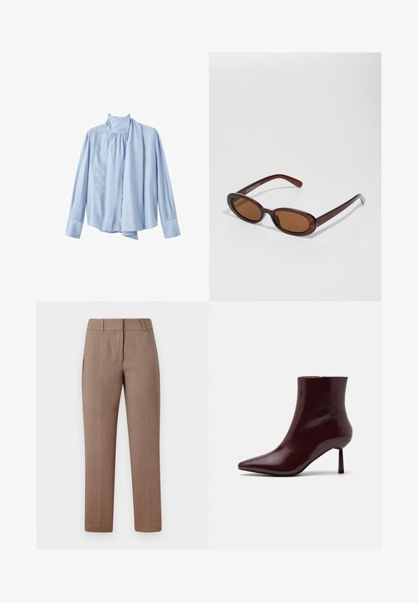 Vaaleansininen pitkähihainen paita, joka on valmistettu sileästä kankaasta. Siinä on korkea kaulus ja edessä laskostettu huivi. Napitettu hihansuu.; Vaaleanruskeat räätälöidyt housut, joissa on sileä pinta, tasainen etuosa, sivutaskut ja suora lahje. Kankaan pinnassa on hienovarainen kuvio.; Burgundi kiiltävä nahkainen nilkkasaapas, jossa on terävä kärki ja kapea korko, joka esitellään sileällä, kiiltävällä pinnalla ja minimalistisella suunnittelulla.; Pyöreät, ruskehtavat aurinkolasit, joissa on kiiltävä burgundinpunainen runko. Kapeat sivut, joissa on hienovarainen brändäys. Litteät linssit.; Punainen viininvärinen käsilaukku, joka on pyöreämuotoinen ja jossa on yksi kahva. Laukussa on tekstuuri pinta ja joustava nyöri sulkimena.