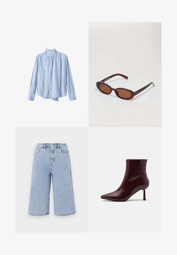 Blusa azzurra chiaro a maniche lunghe realizzata in tessuto morbido. Presenta un colletto alto e un accentuato drappeggio a sciarpa nella parte anteriore. Polsini con bottoni.; Object OBJISR BERMUDA - Shorts di jeans - medium blue denim; Stivale alla caviglia in pelle laccata bordeaux con punta affusolata e tacco stiletto sottile, caratterizzato da una texture liscia e lucida e da un design minimalista.; Occhiali da sole rotondi con tonalità marrone, montatura lucida color bordeaux. Aste sottili con un sottile dettaglio del marchio. Design delle lenti piatte.; Borsa intrecciata color bordeaux con forma arrotondata e manico singolo, dotata di una superficie testurizzata e chiusura a coulisse elastica.