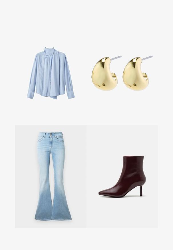 Svetlo modra bluzica z dolgimi rokavi iz gladkega materiala. Ima visok ovratnik in drapiran šalov poudarek spredaj. Zaponke na manšettah.; Svetlo modri razširjeni kavbojki iz denima. Imajo visok pas z dvema gumboma in rahlim zbledeljem proti robu. Klasična zasnova s petimi žepi.; Burgundska patentna kožna gležnjarja s koničastim nosom in ozko špicasto peto, s gladko, sijočo teksturo in minimalističnim dizajnom.; Zlate uhane z gladko, zaobljeno obliko, ki imajo odsevnico in zatič, kar zagotavlja varno nošenje.