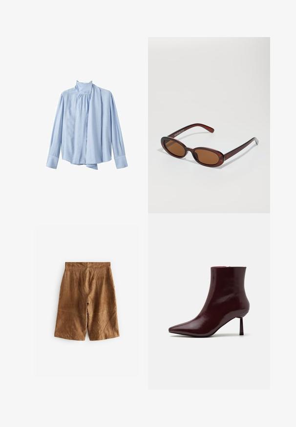 Lichtblauwe blouse met lange mouwen gemaakt van een gladde stof. Bevat een hoge kraag en een gedrapeerde sjaalaccent aan de voorkant. Knopsluiting aan de mouwen.; Bruine suede shorts met een relaxte pasvorm, voorzien van subtiele stiksels en een middelhoge tailleband. Soepele textuur zonder zichtbare hardware.; Bordeaux patentleren enkelboot met een spitse neus en een slanke stilettohak, met een gladde, glanzende textuur en een minimalistisch ontwerp.; Ronde, bruin getinte zonnebril met een glanzend bordeauxrood frame. Slanke pootjes met subtiele merkdetails. Vlakke lensontwerp.; Geweven bordeauxkleurige handtas met een afgeronde vorm en een enkele handgreep, voorzien van een gestructureerd oppervlak en een elastische trekkoordsluiting.