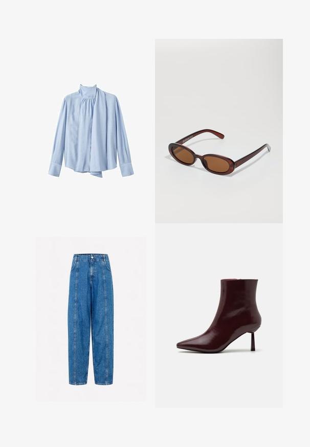Svetlo modra bluzica z dolgimi rokavi iz gladkega materiala. Ima visok ovratnik in drapiran šalov poudarek spredaj. Zaponke na manšettah.; Svetlo modri jeansi z visokim pasom, širokimi hlačnicami in vidnim šivanjem ob sprednjih šivih. Imajo enojno zapiranje z gumbom na pasu.; Burgundska patentna kožna gležnjarja s koničastim nosom in ozko špicasto peto, s gladko, sijočo teksturo in minimalističnim dizajnom.; Okrogle, rjavo obarvane sončne naočare z sijočim burgundskim okvirjem. Tanek nosilec s subtilnim logotipom. Oblika leč je ravna.; Tkanina burgundska torbica z zaobljeno obliko in enim ročajem, s teksturirano površino in elastičnim zaveznim zapiranjem.