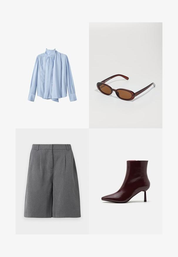 Vaaleansininen pitkähihainen paita, joka on valmistettu sileästä kankaasta. Siinä on korkea kaulus ja edessä laskostettu huivi. Napitettu hihansuu.; Harmaat räätälöidyt shortsit, joissa on litteä etuosa, laskoksia ja sivutaskut. Valmistettu kevyestä kankaasta, jossa on sileä pinta ja suora leikkaus.; Burgundi kiiltävä nahkainen nilkkasaapas, jossa on terävä kärki ja kapea korko, joka esitellään sileällä, kiiltävällä pinnalla ja minimalistisella suunnittelulla.; Pyöreät, ruskehtavat aurinkolasit, joissa on kiiltävä burgundinpunainen runko. Kapeat sivut, joissa on hienovarainen brändäys. Litteät linssit.; Punainen viininvärinen käsilaukku, joka on pyöreämuotoinen ja jossa on yksi kahva. Laukussa on tekstuuri pinta ja joustava nyöri sulkimena.