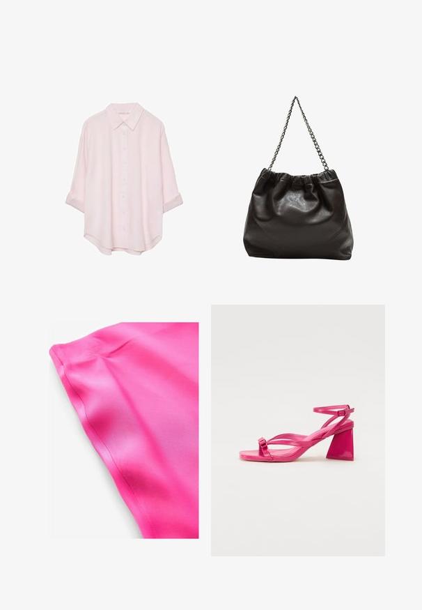 Camicia button-up rosa chiaro con colletto, vestibilità leggermente oversize, maniche arrotolate e un tessuto liscio e testurizzato.; Tessuto in satin rosa brillante con una texture liscia, caratterizzato da un bordo pulito e una leggera lucentezza. Nessun motivo o dettaglio aggiuntivo visibile.; Sandali con tacco in pelle verniciata rosa, con punta quadrata, cinturini stretti e un tacco a blocco geometrico. Presentano un dettaglio con fibbia sul cinturino.; Borsa in pelle marrone con parte superiore arricciata e tracolla a catena. Texture liscia con finitura lucida e dettagli di cucitura sottili sui lati.