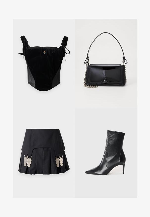 Musta samettinen korsetti yläosa säädettävillä nauhoilla ja pieni keskellä olevalla brodeeratulla embleemilla tasaisella taustalla.; Mustavärinen pleated-hame, jossa on metalliset yksityiskohdat sivuilla, valmistettu rakenteellisesta kankaasta, jossa on sileä pinta ja selkeä muotoilu.; Mustat nilkkurit, jotka on valmistettu sileästä nahasta. Kenkien kärki on terävä, varsi on tiukka ja korko on hoikka ja korkea. Minimalistinen muotoilu ilman näkyvää metalliosaa.; Musta lakattu nahkalaukku suorakaiteen muotoisena, ketjuhihnalla ja erottuvalla varustusesineellä keskellä. Siveltimellinen pinta.