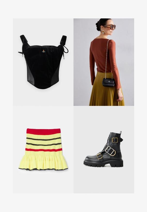 Čierny sametový korzetový top s nastaviteľnými šnúrkami a malou vyšitou emblémou v strede na jednoduchom pozadí.; Pletená sukňa v žltej farbe s červenými, čiernymi a tmavošedými pruhmi. Má volánový lem a rebrovanú textúru v oblasti pásu.; Čierne kožené členkové čižmy s robustnou podrážkou, s viacerými popruhmi a zlatými kovovými detailmi. Hladká textura, drsný dizajn.; Vivienne Westwood SMALL PURSE CHAIN - Taška cez plece - black