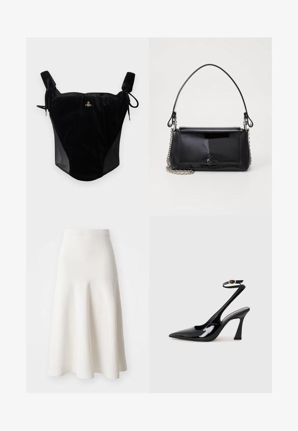 Black velvet corset top with adjustable tie straps and small central embroidered emblem on a plain background.; A white A-line skirt made from a smooth fabric, featuring a fitted waist and a flared silhouette that falls gently to mid-calf.; Black patent leather slingback high heels with a pointed toe, adjustable ankle strap, and a moderate block heel. Smooth texture with glossy finish.; Black patent leather handbag with a rectangular shape, chain strap, and a distinctive hardware accent in the center. Smooth texture.