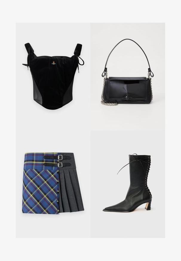 Czarny welurowy top koronkowy z regulowanymi sznurkami oraz małym haftowanym emblemem na gładkim tle.; Spódnica w kratę w odcieniach niebieskiego, zieleni i żółtego, z plisowanym szarym fragmentem, zabezpieczona dwoma czarnymi paskami z srebrnymi klamrami.; Czarna skórzana botka za kostkę z noskiem w szpic, smukłym obcasem, sznurowaniem z tyłu i metalowymi oczkami. Gładka faktura o nowoczesnym wzornictwie.; Czarna torebka z lakierowanej skóry o prostokątnym kształcie, z łańcuszkowym paskiem i charakterystycznym akcentem ze sprzętem na środku. Gładka tekstura.