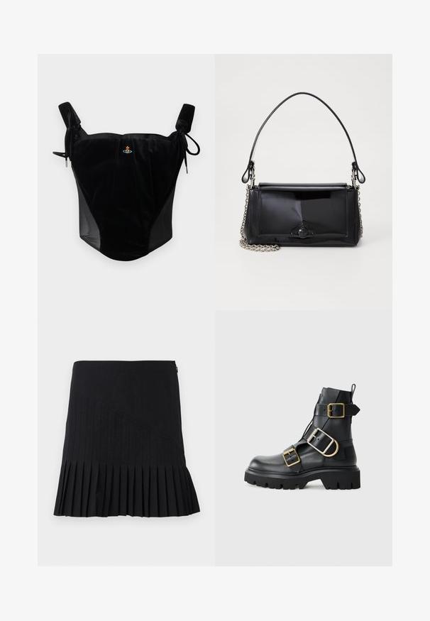 Juodas aksominis korsetas su reguliuojamomis raišteliais ir maža centrinė išsiuvinėta emblema ant paprasto fono.; Juoda klostuota sijonas, pasižymintis siūtomis įstrižomis panelėmis, prigludusia liemeniu ir platėjančiu apvadu. Medžiagos atrodo lengvos ir lygios.; Juodas odinis kulkšninis batas su masyviu padu, turintis kelias juostas ir auksinius aksesuarus. Lygi tekstūra, tvirtas dizainas.; Juodas lakinės odos rankinės ilgis stačiakampis, su grandinėlės dirželiu ir išskirtiniu metaliniu akcentu centre. Lygus paviršius.