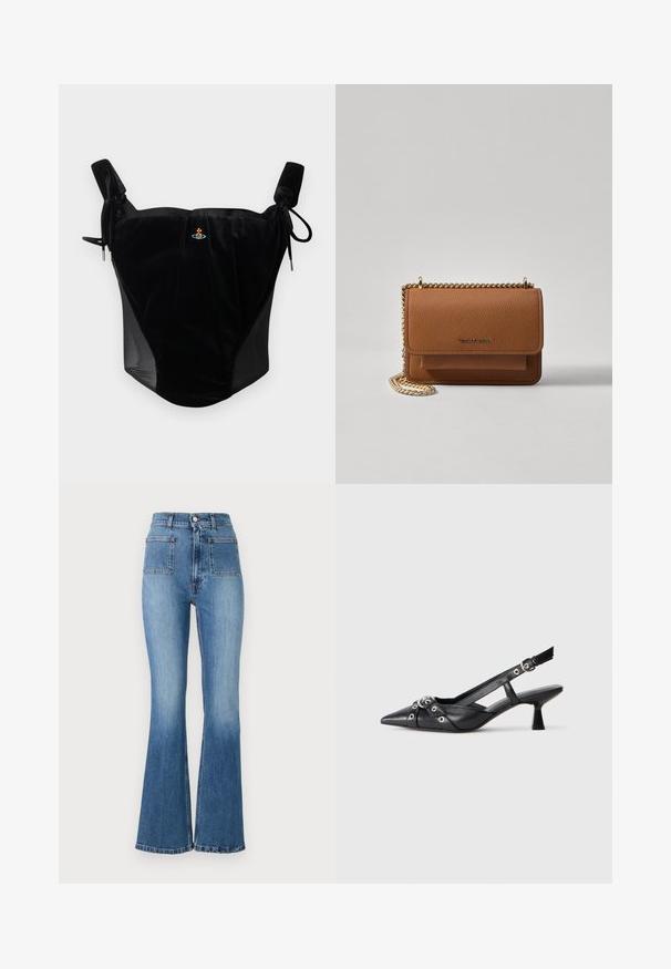 Črn žametni korzet z nastavljivimi vezalkami in majhnim osrednjim veznim emblemom na enobarvni podlagi.; Modre flared jeans z visokim pasom, ki imajo dva zadnja žepa in bled toniran odtenek. Rob je zašit z diskretnim motivom.; Črne usnjene sandale središnje zaponke z ostro konico, okrasnimi trakovi z kovinskimi očesi in nizko blokasto peto. Teksturirana površina.; Rjava teksturirana usnjena torba čez ramo z zlatim verižnim trakom in zapiranjem na pokrov. Spredaj je vidna podrobnost logotipa in žep pod pokrovom.