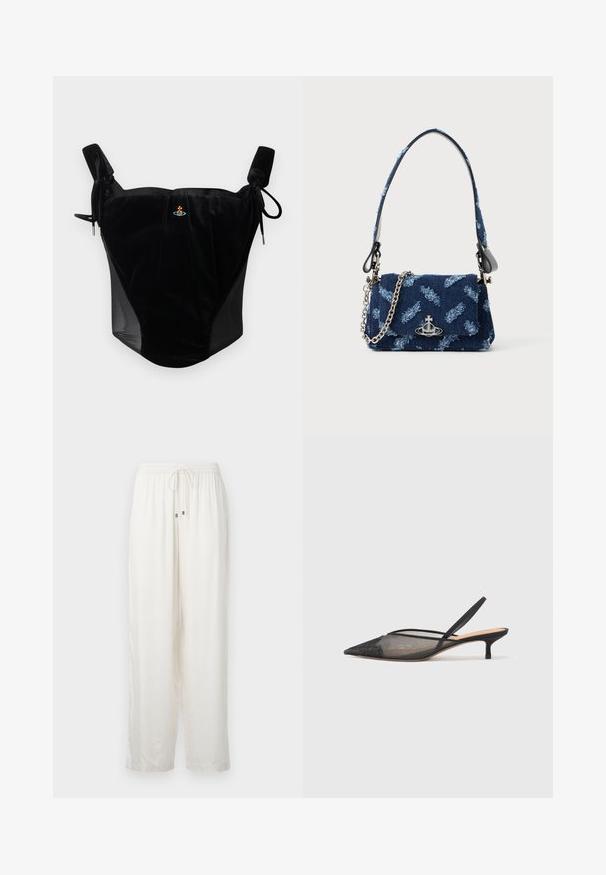 Svart sammetscorsetopp med justerbara snörningsremmar och en liten broderad emblem i mitten på en enfärgad bakgrund.; Vita, lätta, löst sittande byxor med elastisk midja och dragsko. Har en subtil lyster och rak bendesign.; NEOUS IRENA - Pumps - black; Marinblå tyghandväska med strukturerad design, silverdetaljer och en avtagbar kedjerem. Har en klaffstängning och logotypdekor.