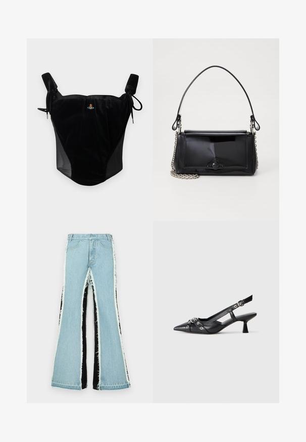 Top de corsé de terciopelo negro con tirantes ajustables y pequeño emblema bordado en el centro sobre un fondo liso.; Vaqueros acampanados de color azul claro con paneles laterales negros, bordes deshilachados y un diseño de cintura alta. Presenta bolsillos estándar y trabillas para cinturón.; Zapato de slingback negro de piel con punta afilada, correas decorativas con ojales de metal y un tacón bajo y ancho. Superficie texturizada.; Bolso de mano de charol negro con forma rectangular, correa de cadena y un acento de hardware distintivo en el centro. Textura suave.
