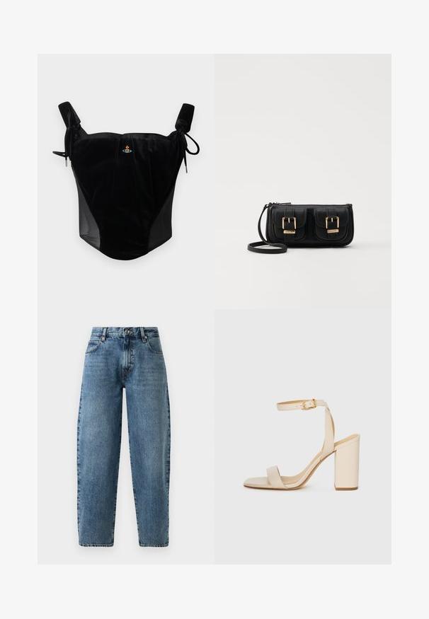 Melna samta korsete ar regulējamām saitēm un mazu centrālo izšuvumu uz vienkrāsaina fona.; Gai zili denima bikses ar taisnu kāju dizainu, augstu jostasvietu un minimālistisku diegu. Klasisks piecu kabatu stils ar metāla piederumiem.; Bežīgas augstpapēžu sandales ar kvadrātu purngalu, plānu potītes siksnu un blokveida papēdi. Gluda ādas tekstūra ar zelta sprādzi.; Melnas ādas crossbody soma ar divām priekšējām kabatām, zelta sprādzēm, ar rāvējslēdzēju aizdari un šauru siksnu. Strukturēta virsma un kompakta taisnstūra forma.